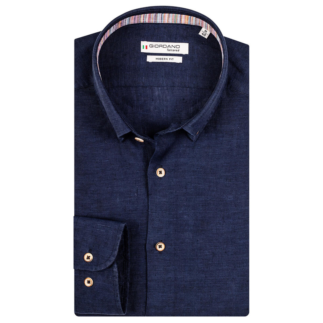 Giordano 107866 Navy Linen Long Sleeve Shirt - Baks Menswear