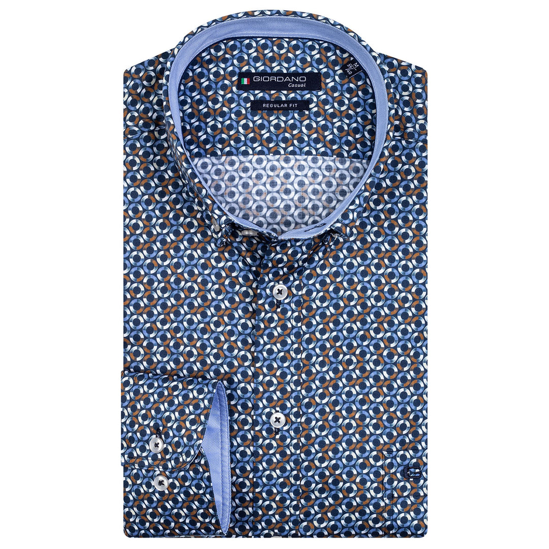 Giordano 207019-60 Blue Tan Circle Print Long Sleeve Shirt - Baks Menswear Bournemouth