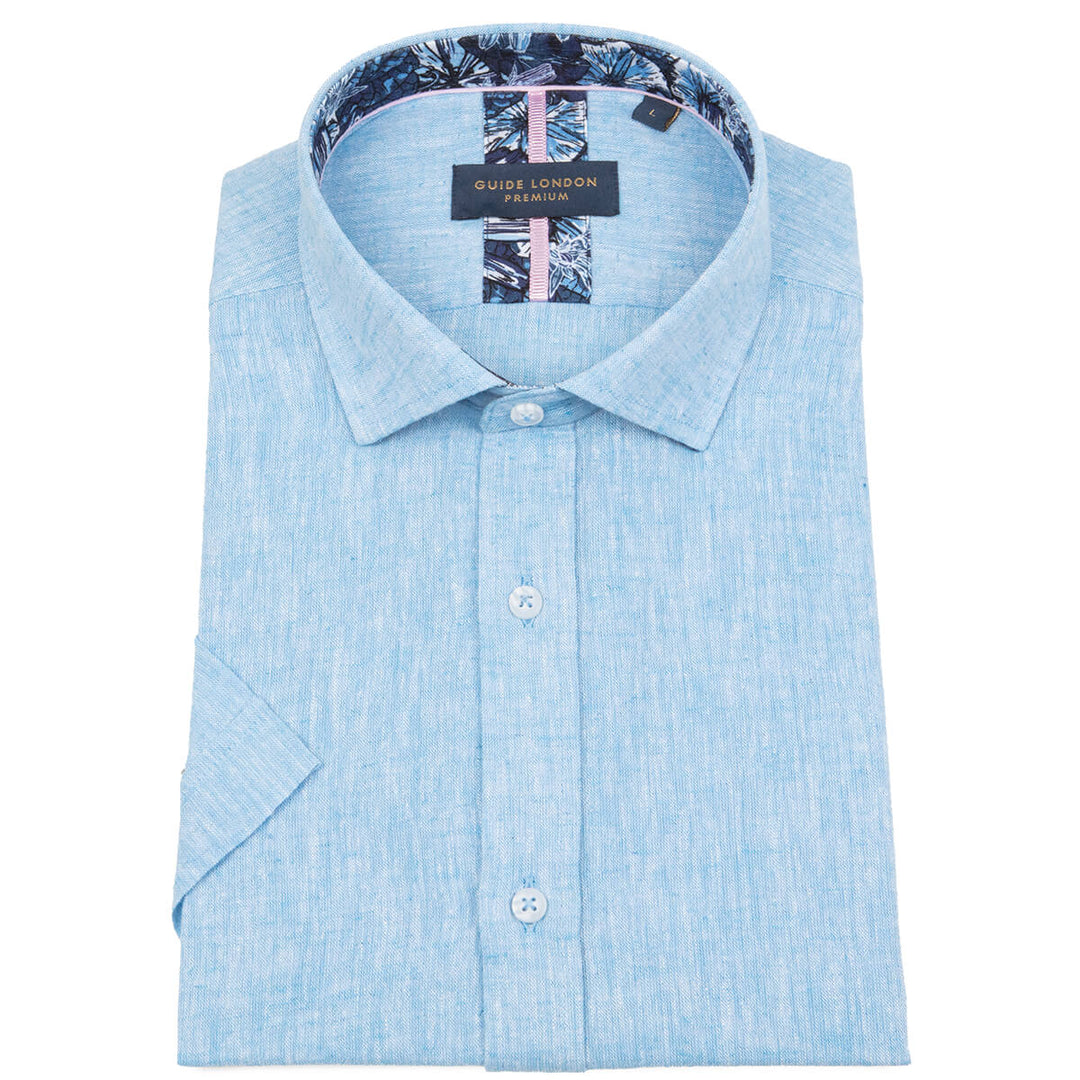 Guide London HS2722 Blue Mens Short Sleeve Linen Mix Shirt - Baks Menswear