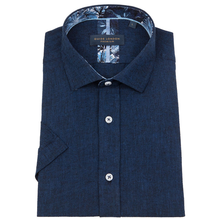 Guide London HS2722 Navy Mens Short Sleeve Linen Mix Shirt - Baks Menswear