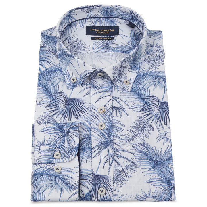 Guide London LS76184 Blue Palm Print Long Sleeve Shirt - Baks Menswear