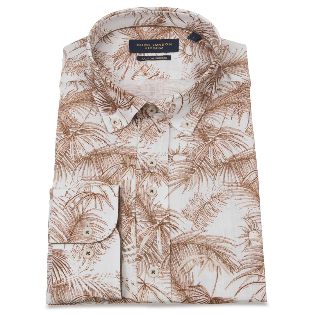 Guide London LS76184 Tan Palm Print Long Sleeve Shirt - Baks Menswear