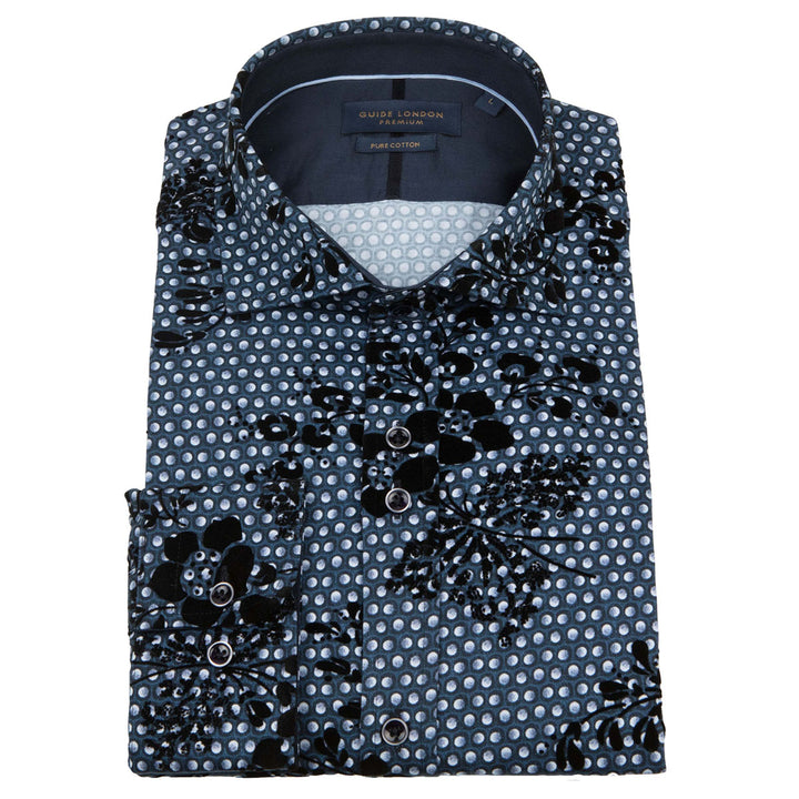 Guide London LS76747 Navy Blue Spot Flock Overlay Long Sleeve Shirt - Baks Menswear