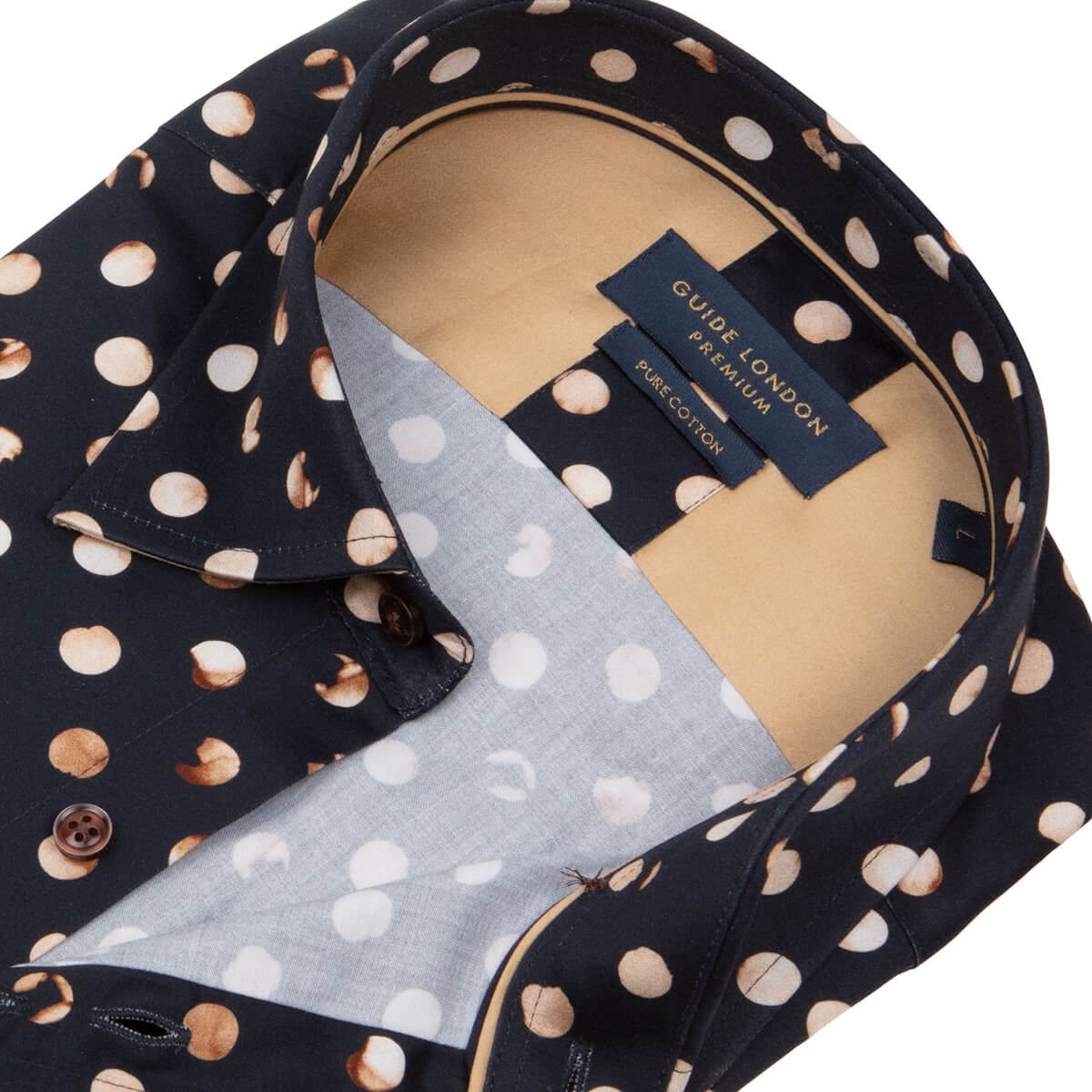 Guide London LS76751 Navy Tan Modern Polka Dot Long Sleeve Shirt