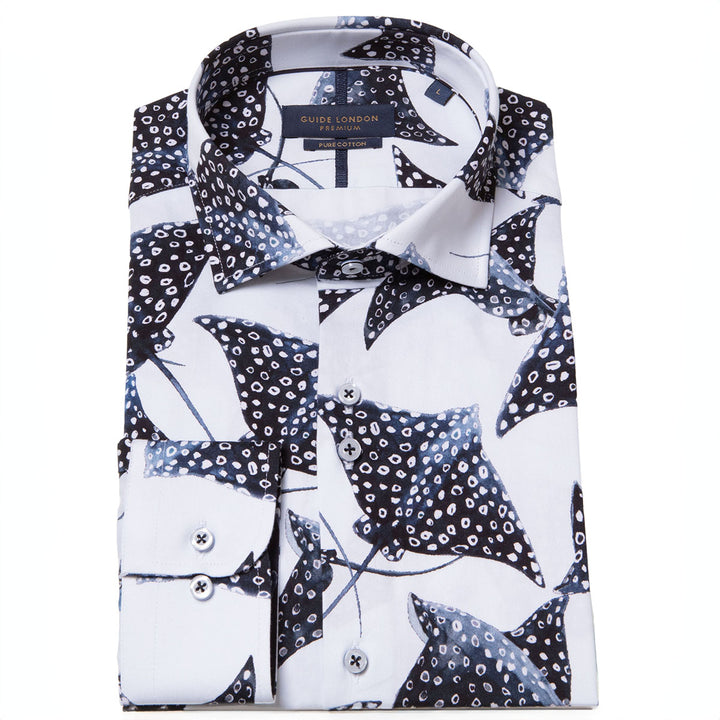 Guide London Shirt Long Sleeve Blue Ray Print White LS77055 - Baks Menswear Bournemouth