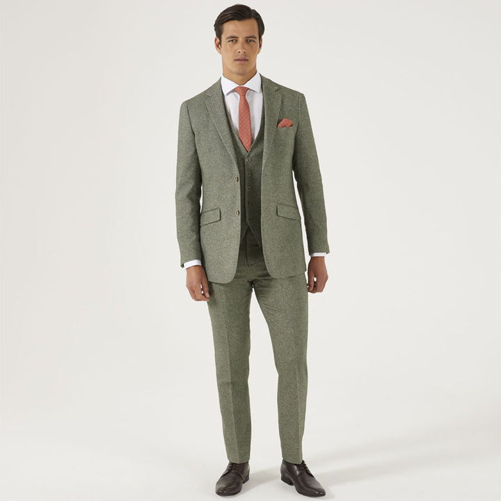 Jude Sage Green Slim Tapered Suit Trousers Tweed Herringbone MM71051 - Baks Menswear Bournemouth