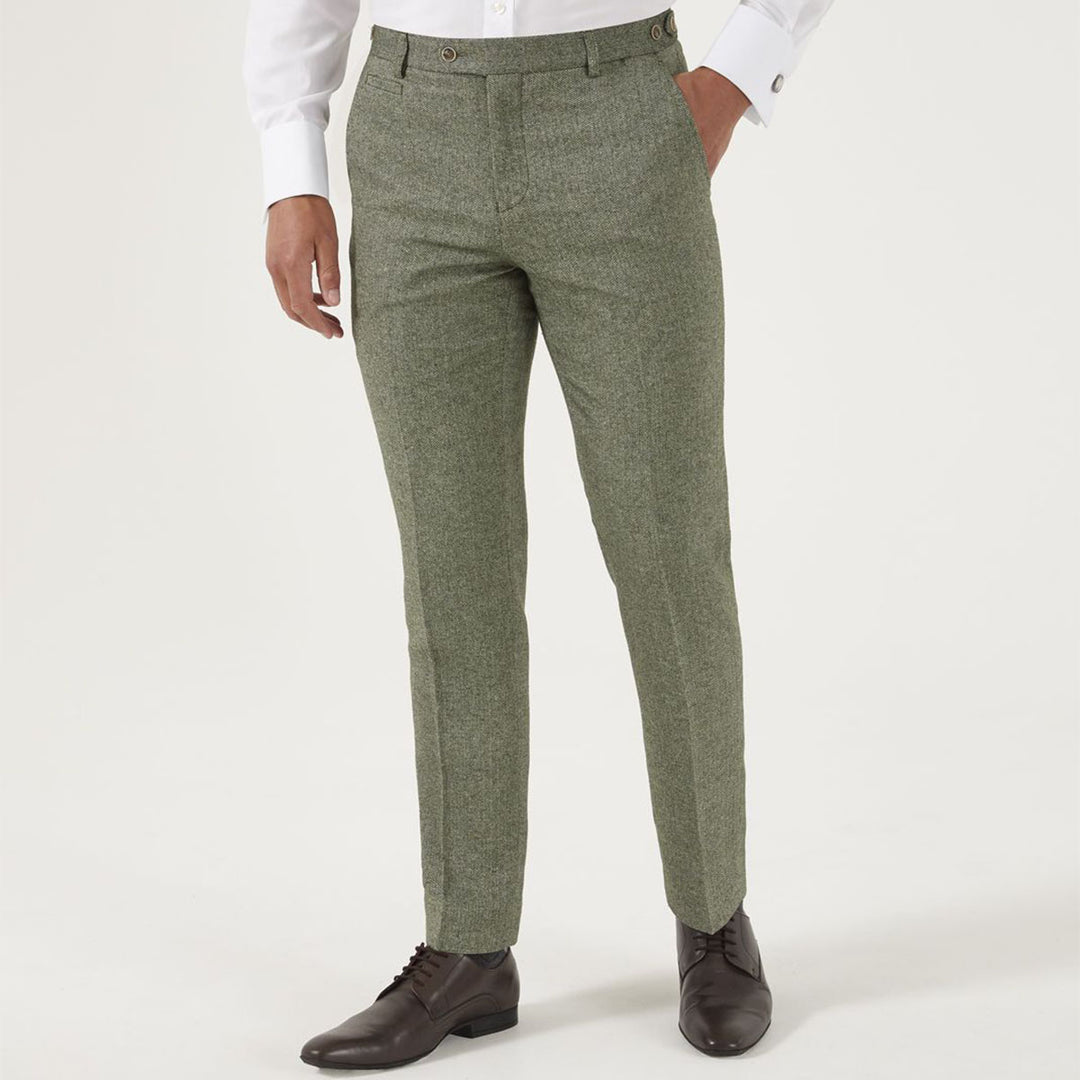 Jude Sage Green Slim Tapered Suit Trousers Tweed Herringbone MM71051 - Baks Menswear Bournemouth