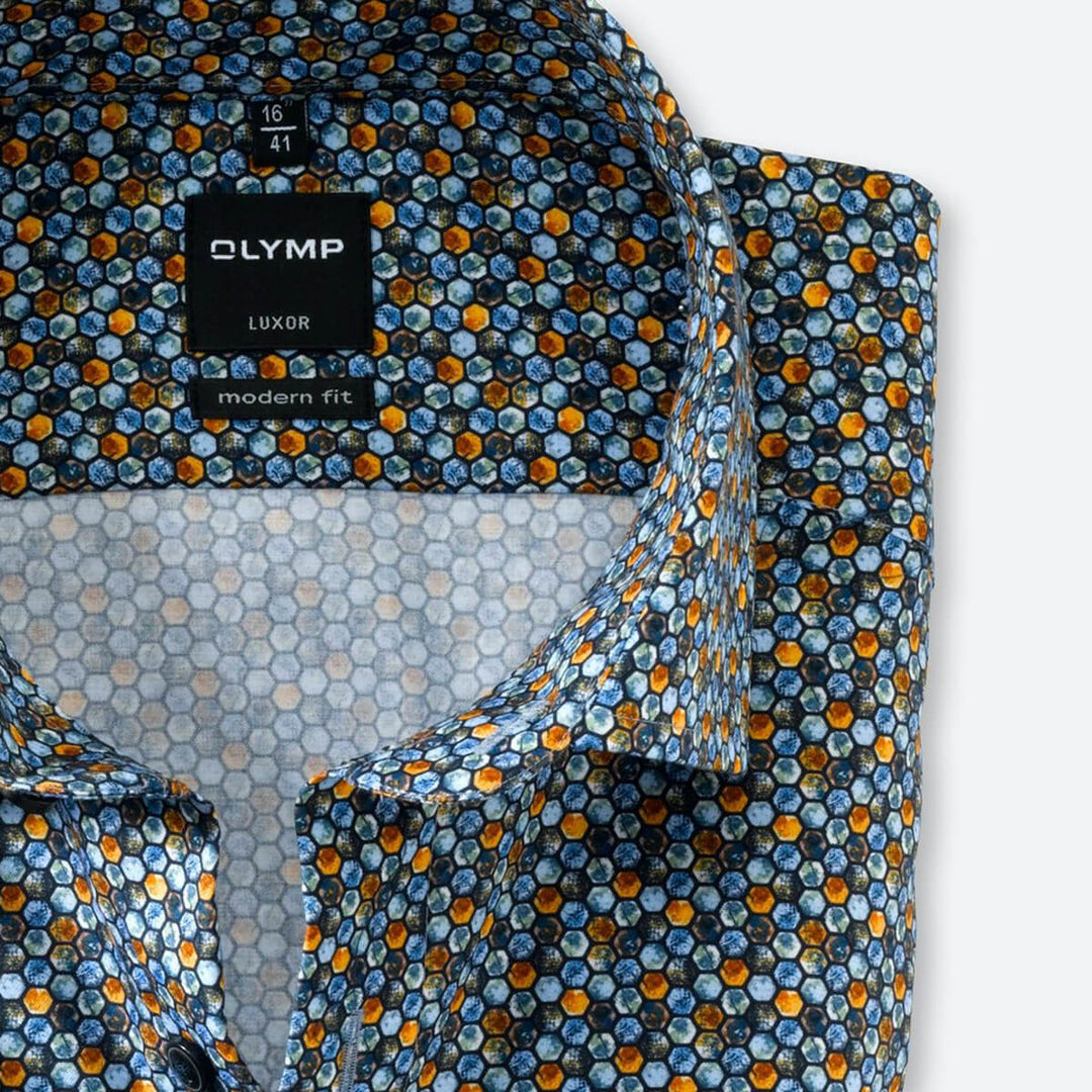 Olymp 1232-14-53 Blue Honeycomb Print Long Sleeve Shirt - Baks Menswear